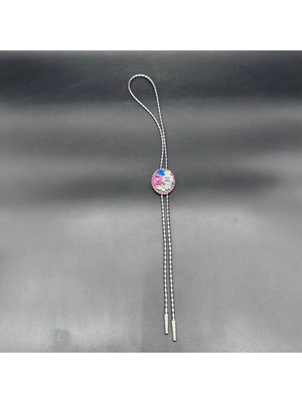 Vintage Bolo Tie Pink Blue Clear Plastic Gems Braided Cord Adjustable Western - Picture 2 of 8
